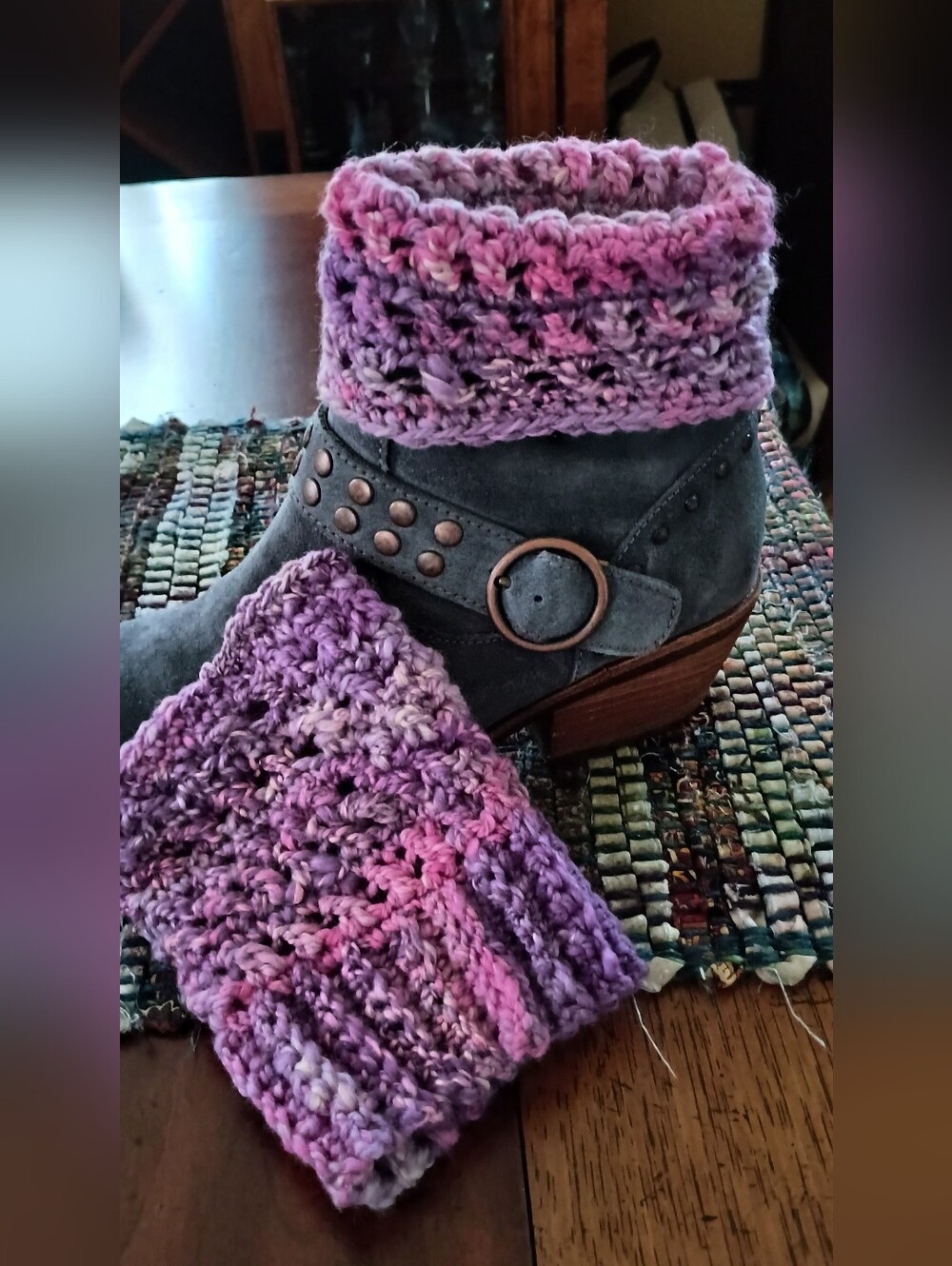 Artisan Handspun Wool Crochet Boot Cuff Set, Handmade